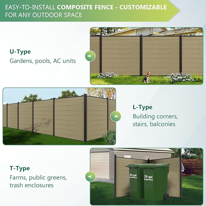 Mondaria Fence Privacy Screen with 8ft In-ground Posts, 6ft(H) x48t(W) Wood Plastic Composite Fence Panels Weather-Resistant Outdoor Fence for Backyard/Garden (Ancient Wood, 9 Posts)