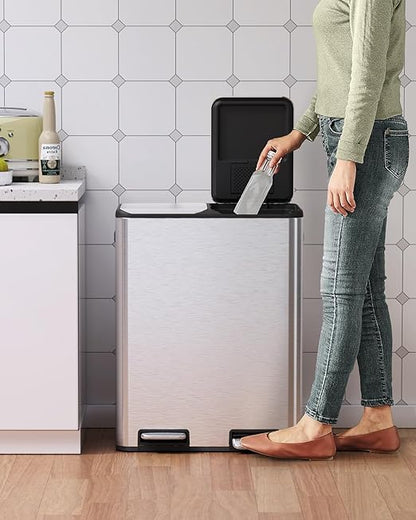 Arlopu 16Gal Dual Trash Can w/2 Built-in Box for Odor Control, Hands-Free Kitchen Garbage Bin, Recycle Waste Dustbin, Soft-Close Lid, 2 Buckets,Foot Pedal, Side Handle, Airtight,for Home (Silver)