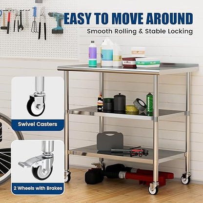Stainless Steel Work Table with Wheels, 24x48 Inch NSF Food Prep Table with Backsplash & 2 Adjustable Undershelves for Commercial Kitchen, Restaurant, Garage