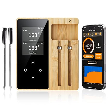 Wireless Meat Thermometer Digital with 2 Probes, Long Range Bluetooth Food Thermometer with Smart APP Alerts for Cooking, Grill, AirFryer, Perfect for BBQ Chicken Turkey