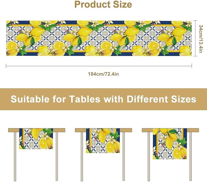 Yellow Lemon Table Runner, Spring Summer Seasonal Blue Tiles Watercolor Lemon Table Runner for Farmhouse Kitchen Indoor Outdoor Party Decor, 13x120inch
