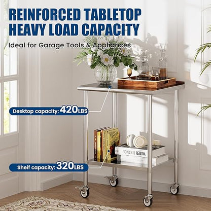 Stainless Steel Work Table with Wheels, 24x30 Inch NSF Food Prep Table with Backsplash & Adjustable Undershelf for Commercial Kitchen, Restaurant, Garage, Outdoor BBQ