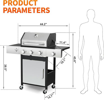 3-Burner Propane Grill - 37,230 BTU BBQ with Side Burner | Porcelain Cast Iron Grates | Stainless Steel Outdoor Grill for Backyard, Camping, Tailgating (Fast Heating & Easy Clean)