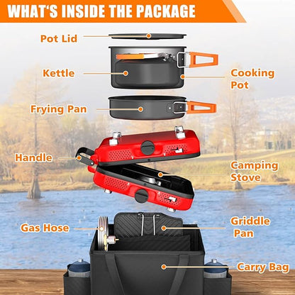 Hisencn Camping Stove,2 Burner Propane Stove,20000 BTU/h Camping Cooking set Includes Frying Pan,Kettle and Pot,Adjustable Burners & Piezo Ignition,Portable stove for camping Outdoor,Red