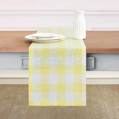 Solino Home Linen Checkered Table Runner 48 Inches - 100% Pure Linen Yellow and White Buffalo Check Short Table Runner 14 x 48 Inch Ideal for Dresser and Coffee Tables, Spring, Easter