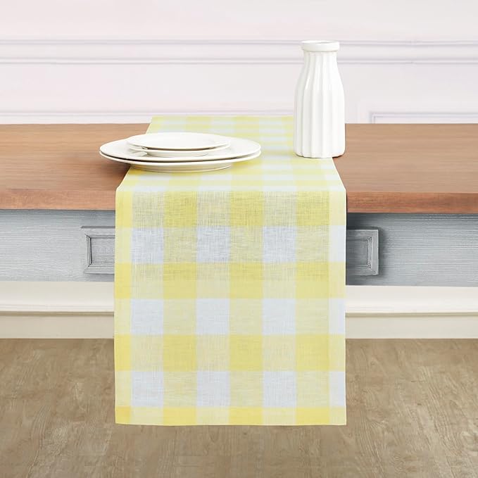 Solino Home Linen Checkered Table Runner 60 Inches - 100% Pure Linen Yellow and White Buffalo Check Table Runner 14 x 60 Inch Ideal for Dresser and Coffee Tables, Spring, Easter