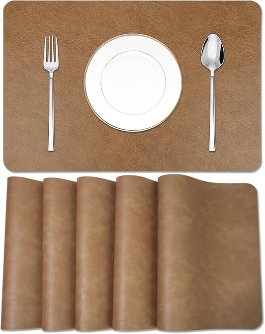 Cowhide Pattern Faux Leather Placemats Set of 6,Heat Resistant Non-Slip Waterproof Wipeable Washable Kitchen Dining PU Table Place Mats,Double-Sides Available,Light Coffee