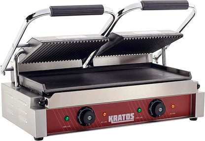 Kratos Commercial Electric Panini Sandwich Grill with Grooved Top and Smooth Bottom Plates, 18.7"x9" Cooking Surface, Commercial Countertop Panini Press, 120V, 3500W (29Y-025)