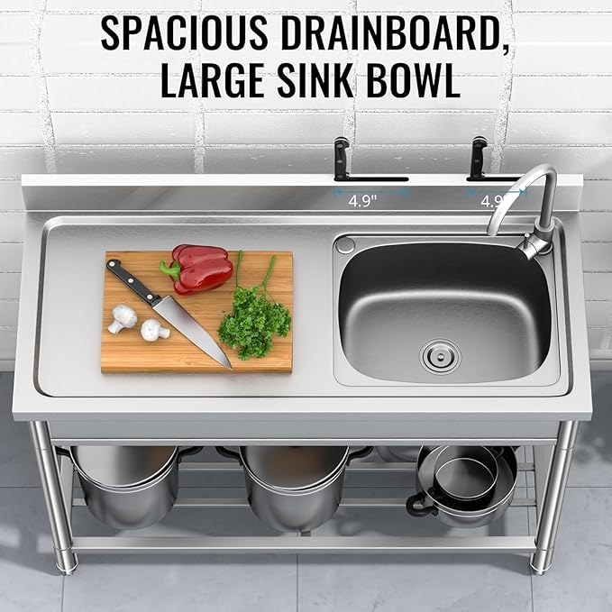 Stainless Steel Sink, Free Standing Kitchen Sink with Countertop Workstation, Utility Sink Single Bowl with Cold and Hot Water Pipe for Kitch Laundry Room Garage Farmhouse Indoor Outdoor (39 Inch)
