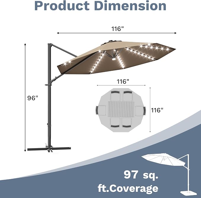 Devoko 10ft Solar LED Patio Umbrella, Round Cantilever Outdoor Umbrella - Image 3