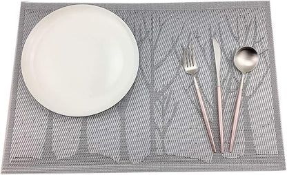Gugrida Place Mats PVC Set of 6, Table Placemats Set of 6 PVC Woven Vinyl Place Mats Table Mats Natural Color (6 pcs, Silver Tree)