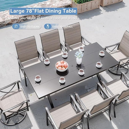 Kurapika 9-Piece Patio Dining Set, Outdoor Large Table with Umbrella Hole, 6 Stationary Chairs and 2 Swivel/Rocking Chairs, Patio Furniture Set for Garden, Deck, Porch, Pool All Weather, Brown