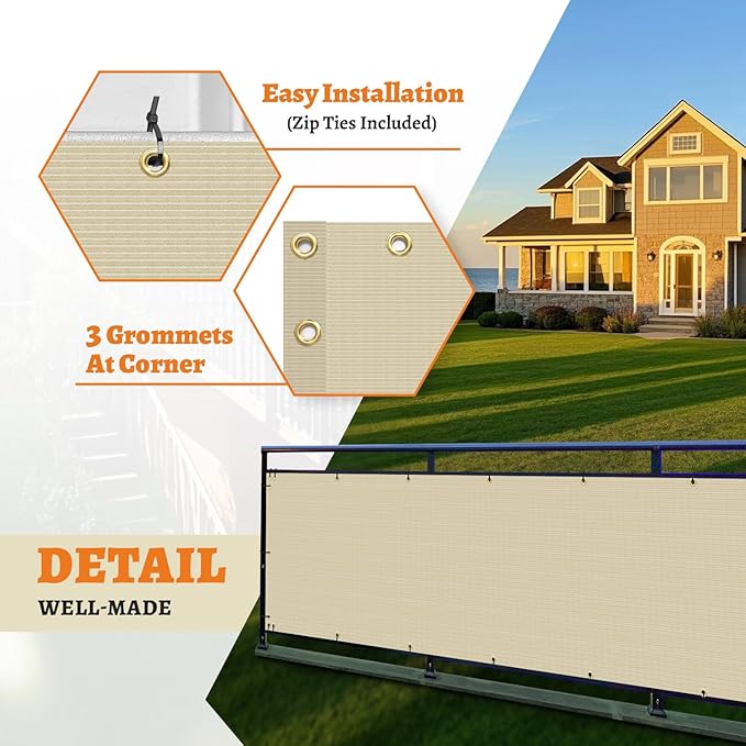 2.5' x 110' Balcony Privacy Screen Fence Cover with Zip Ties Grommets for Apartment Patio Porch Deck Backyard Outdoor (Beige)