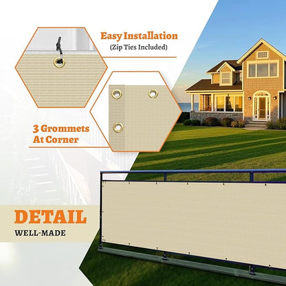 2.5' x 27' Balcony Privacy Screen Fence Cover with Zip Ties Grommets for Apartment Patio Porch Deck Backyard Outdoor (Beige)
