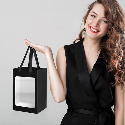 6 Pcs Black Paper Gift Bags with Transparent Window, 9.84"x7.0"x5.12" Kraft Shopping Bags with Handles for Bouquet Christmas Birthdays Festivals Party Weddings Wrapping