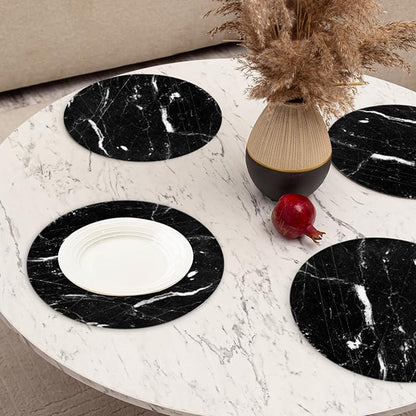 Heat Resistant Placemats Set of 4,Black Marble Round Ding Table Placemat Easy to Clean Waterproof Non-Slip Place Mats Tabletop Protection Kitchen Decoration,13inch