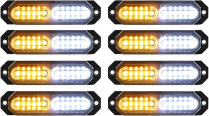 ASPL 8pcs Sync Feature Ultra Slim 12-LED Surface Mount Flashing Strobe Lights for Truck Car Vehicle LED Mini Grille Light Head Emergency Beacon Hazard Warning Lights (Amber/White)