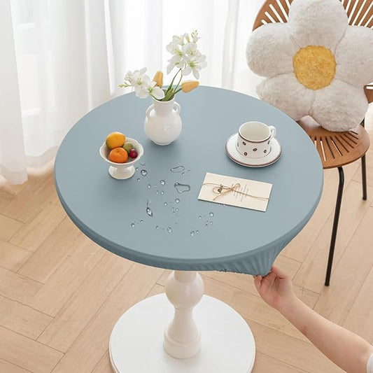 Round Fitted PU Tablecloth with High Elastic Edge 59 Inch Dia Waterproof Oil Proof Table Cloth Anti-Scald Stain-Resistant Wipeable Table Cover for Indoor Outdoor Picnic (Blue,59" Dia)