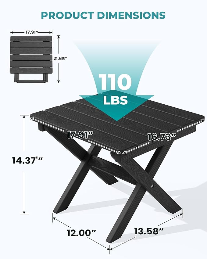 SERWALL Folding Outdoor Side Table Set of 2, Portable Adirondack Side Table, Black
