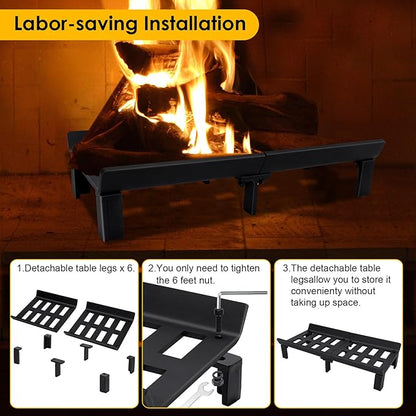 STBoo Fireplace Grate 20inch - Wood Stove Grates Heavy Duty | Fireplace Log Holder | Firewood Log Burning Wrought Iron Rack | Fire Pit Tray for Indoor Chimney Hearth & Outdoor Kindling Tool
