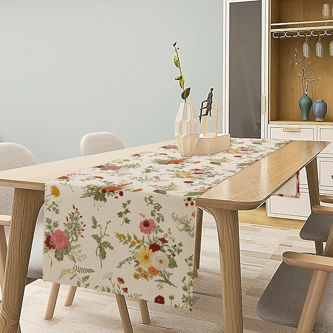 Vintage Flower Table Runner, Rustic Farmhouse Retro Garden Botanical Plants Herbs Wildflower Print Table Runner for Kitchen Dining Room Wedding Party Decor, 13x108inch