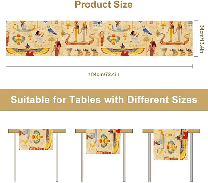 Egypt Table Runner, Ancient Egyptian Mythology Gods Hieroglyphic Elements Retro Farmhouse Table Runner for Home Kitchen Dining Party Indoor Outdoor 13x90in