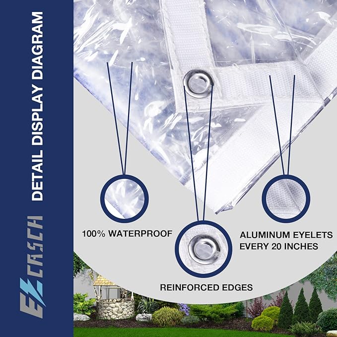 Clear Tarp 6' x 8', 15 OZ Clear Vinyl PVC Tarp Waterproof Tarpaulin 100% Transparent PVC Tarps Upgrade to Double The Cold Resistance-Temperature from -5°F to 140°F