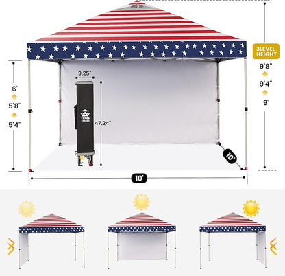 CROWN SHADES 10x10 Pop Up Canopy with 1 Side Wall - Beach Tent with One Push Setup - Outdoor Sun Shade for Events, Parties, Camping - Gazebo with STO-N-Go Cover Bag (American Flag)