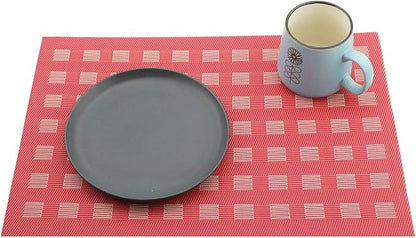 Gugrida Placemats, Placemats PVC Table Mats Woven Vinyl Placemats, Set of 6 (Red)
