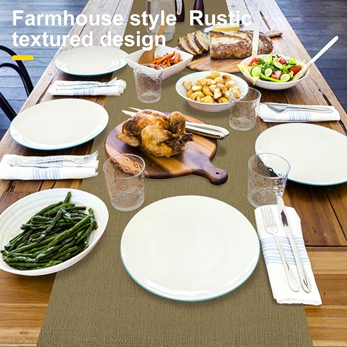 Wipeable Table Runner, Thick Farmhouse Dresser Runner, Rustic for Kitchen, Bedroom, Living Room, Indoor and Outdoor (108'', Camel Brown)