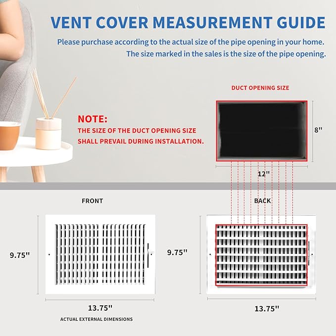 12x8 Vent Register [Duct Opening], Vent Covers for Home Ceiling, Two-Way Ventilation Register, Adjustable Solid Steel Wall Register Vent Cover (12"W x 8"H [Duct Opening])