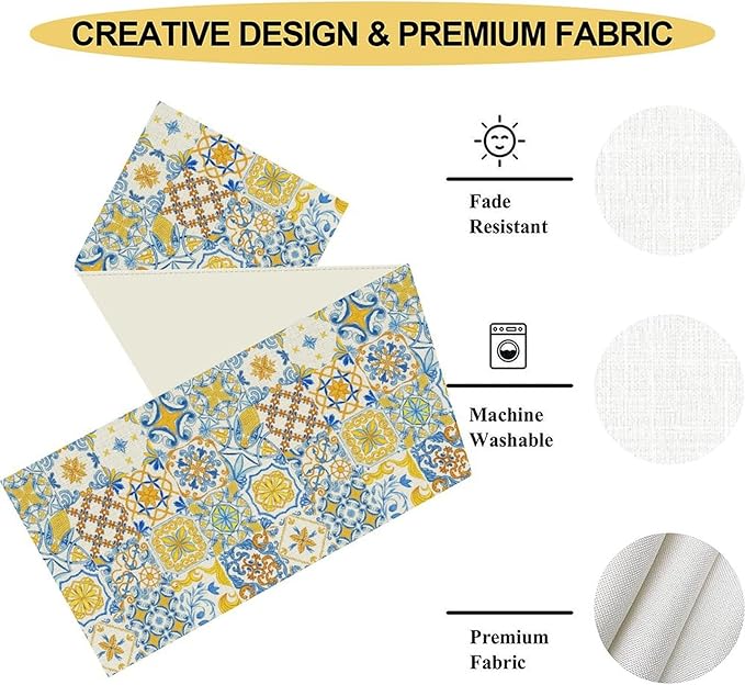 Mexican Table Runner, Blue Rustic Mexico Talavera Ceramic Dia De Los Muertos Coffee Table Center Decor for Family Home Kitchen and Dining Farmhouse Indoor Outdoor Table Decorations, 13" X 90"