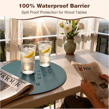 Round Vinyl Blue Placemats Set of 6, Faux Leather Waterproof Wipeable Heat Resistant Place Mats, Washable Table Mats for Halloween, Thanksgiving & Christmas Dinner(Light Blue)