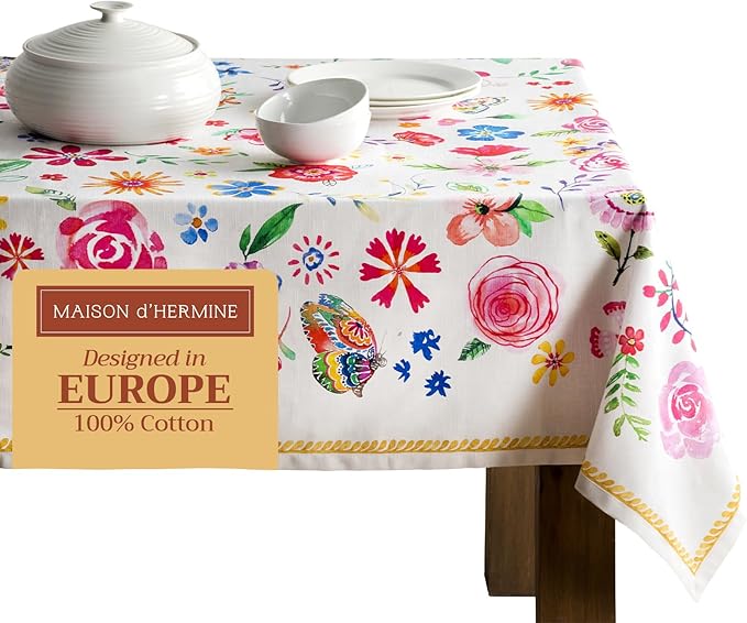Maison d' Hermine Table Cloth Rectangle Table 100% Cotton 70 x 108 Inches Tablecloth Reusable for Dining Room, Farmhouse, Home, Party, Festive & Wedding Spring Summer - Happy Florals - Sweety