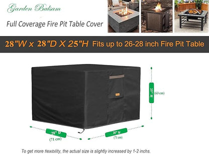 Fire Pit Cover 600D Heavy Duty Waterproof Fabric With PVC Coating Square 28" Wx 28" D x 25" H Black Fits for 26-28 Inch Fire Pit Table Fade Resistant Outdoor Firepit Cover