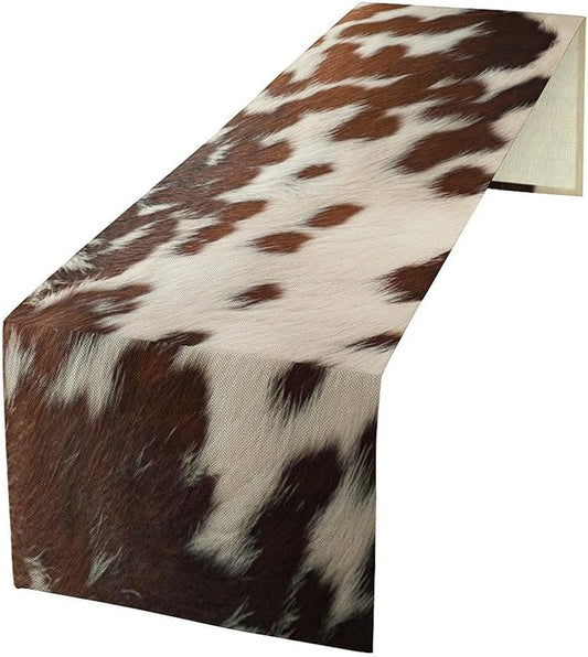 Cow Print Table Runner, Western White Brown Cowhide Rustic Coffee Table Runner for Home Kitchen Dining Room Farmhouse 13x60in