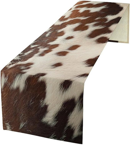 Cow Print Table Runner, Western White Brown Cowhide Rustic Coffee Table Runner for Home Kitchen Dining Room Farmhouse 13x120in
