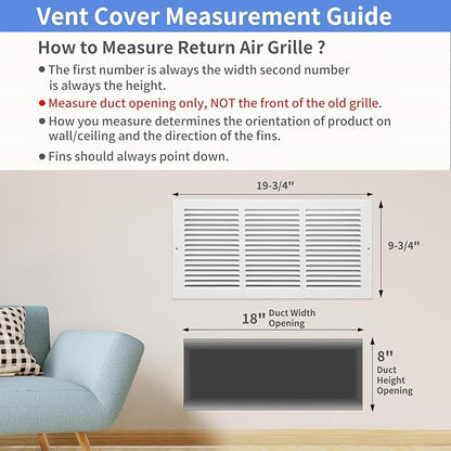 18"W x 8"H [Duct Opening Size] Steel Return Air Grille, Air Return Vent Cover for Ceiling and Sidewall - HVAC Air Vent Covers - [Outer Dimensions: 19.75"W x 9.75"H]
