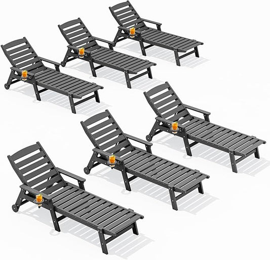 SERWALL Patio Chaise Lounge Chair Set of 6, 5 Positions Adjustable Poly Outdoor Lounger for Pool, HDPE Lounge Chair with Rolling Wheels & Cup Holder for Poolside, Deck, Slate Gray