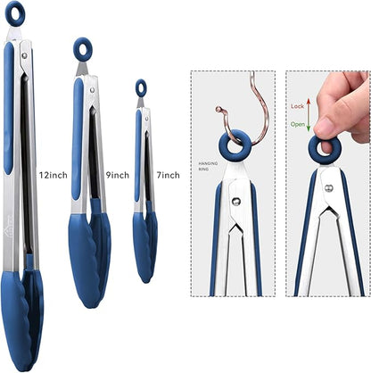 HOTEC Premium Stainless Steel Locking Kitchen Tongs with Silicon Tips, Set of 3-7", 9" and 12" (Classic Blue)