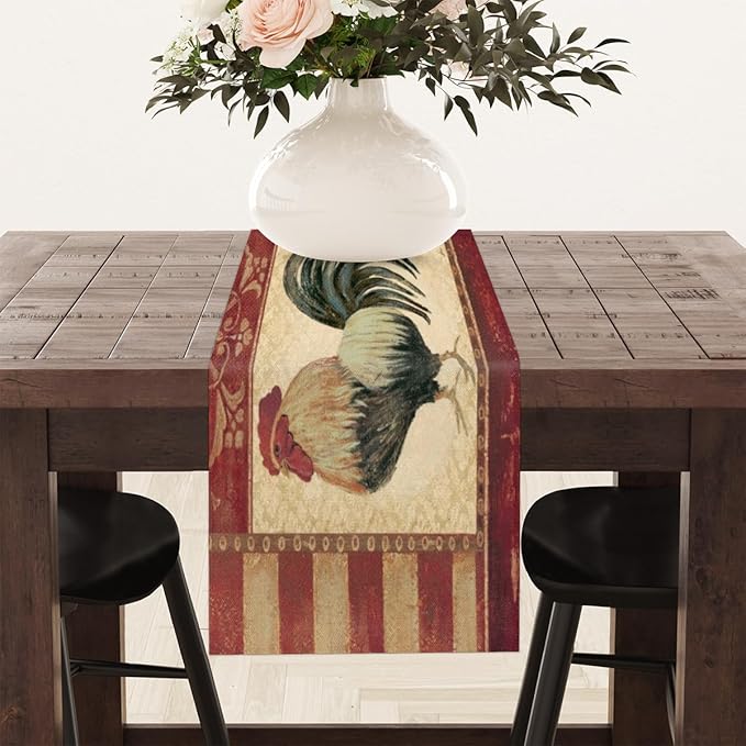 Vintage Watercolor Rooster Table Runner Kitchen Dining Table Runner 13*72in Table Center Decor for Indoor Outdoor Home Holiday Party