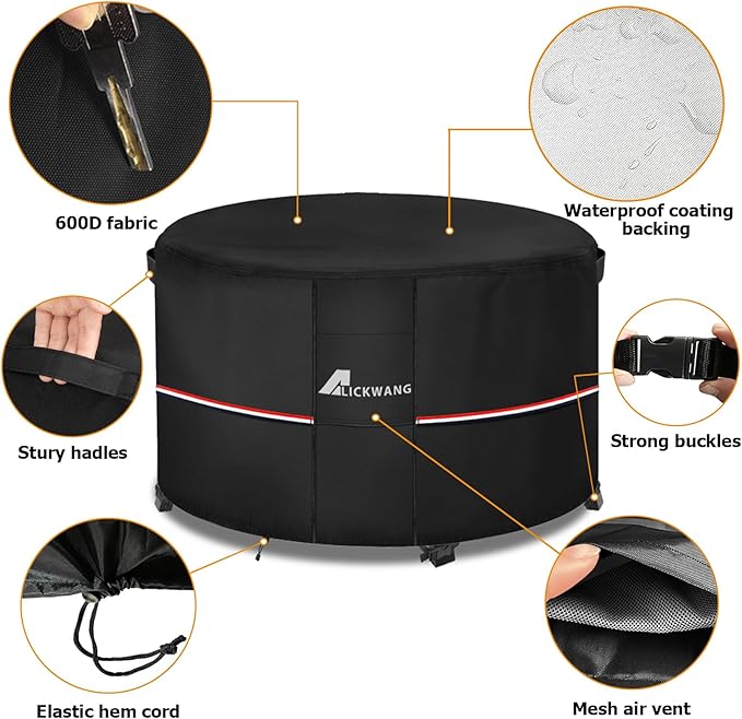 Fire Pit Cover Round 48 Inch Waterproof,Outdoor Heavy Duty Durable 600D Tear-Resistant Fire Pit Table Cover,Patio Round Firepit Cover 48" D x 24" H, Black