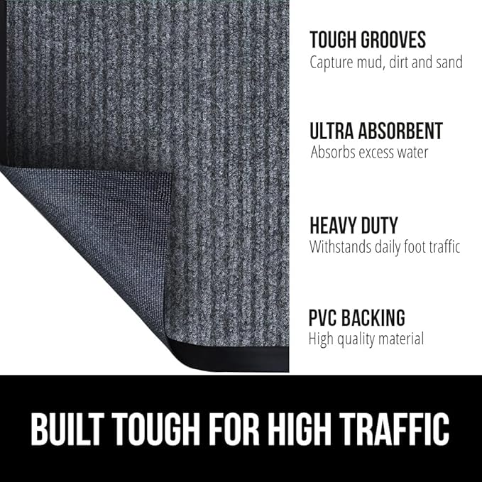 GORILLA GRIP Waterproof Traffic Guard Door Mat, 2 Pack Heavy Duty Entryway Mats, Strong Rubber Back Commercial Rugs for Office Hallway, Garage Floor and Home, Low Profile Carpet, 29x17, Charcoal Gray