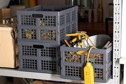 34L Large Plastic Folding Storage Crates,Collapsible Crates for Storage,Pack of 3 (Grey)