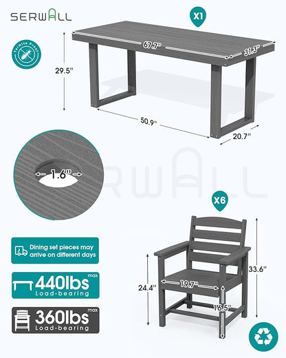 SERWALL HDPE Outdoor Dining Set for 6, 67'' All Weather Patio Dining Table and Chairs Set for Deck, Lawn, Gray