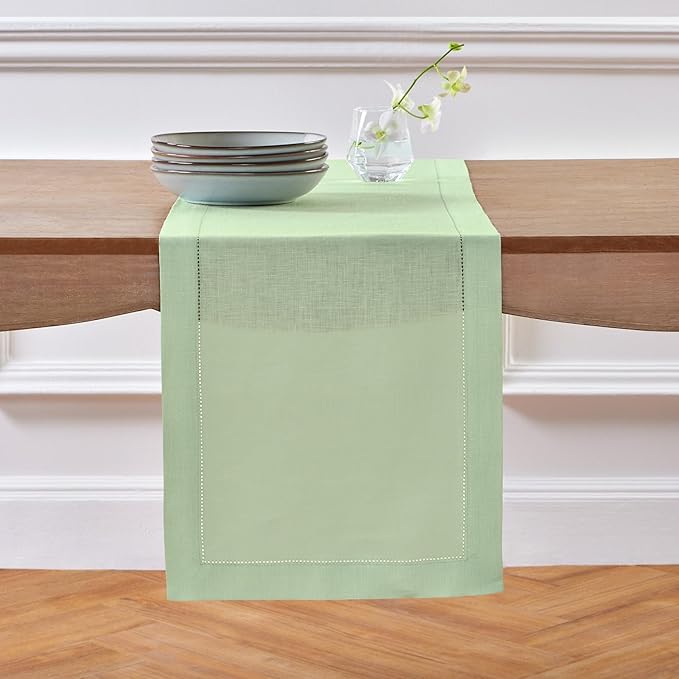 Solino Home Linen Table Runner 120 Inches Long - 100% Pure Linen Light Green Table Runner 14 x 120 Inch for Spring, St Patricks Day, Easter - Classic Hemstitch