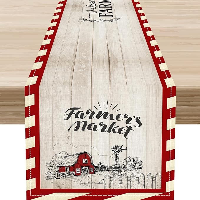Farmhouse Table Runner, Rustic Country Barn Cottage Rooster Check Animal Plank Coffee Table Center Decor for Home Kitchen Dining Patio Holiday Party Indoor Outdoor Table Decorations 13"x108"
