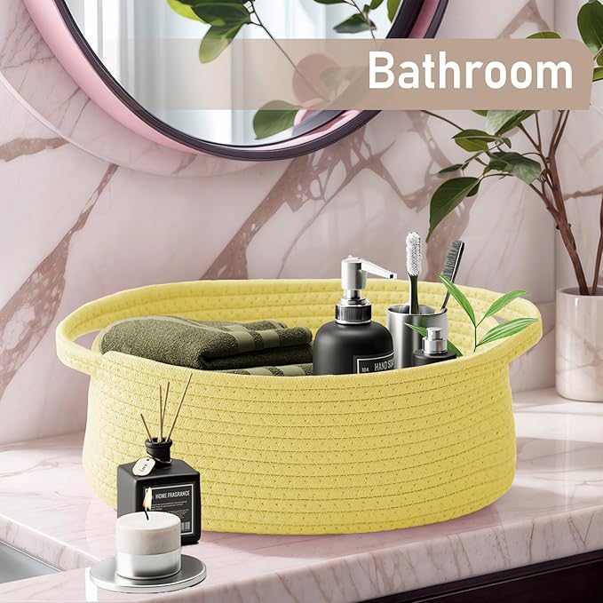 Woven Basket,Small Rope Storage Bin with Handles & Ribbon Bag, Organizer for Shelves Closets,Gift Basket Empty for Birthday,Books,Dog Toys, Yellow/3 Pack