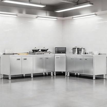 KINGBO Stainless Steel Corner Cabinet Heavy Duty Prep Table with 304 Stainless Steel Worktop Commercial Worktable Workbench with Storage Cabinet for Kitchen Garage Restaurant Outdoor