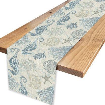 Nautical Table Runner, Summer Coastal Starfish Seashells Coral Seahorse Tropical Ocean Beach Blue Farmhouse Coffee Table Center Decor for Home Kitchen Dining Indoor Outdoor Table Decorations, 13"x72"